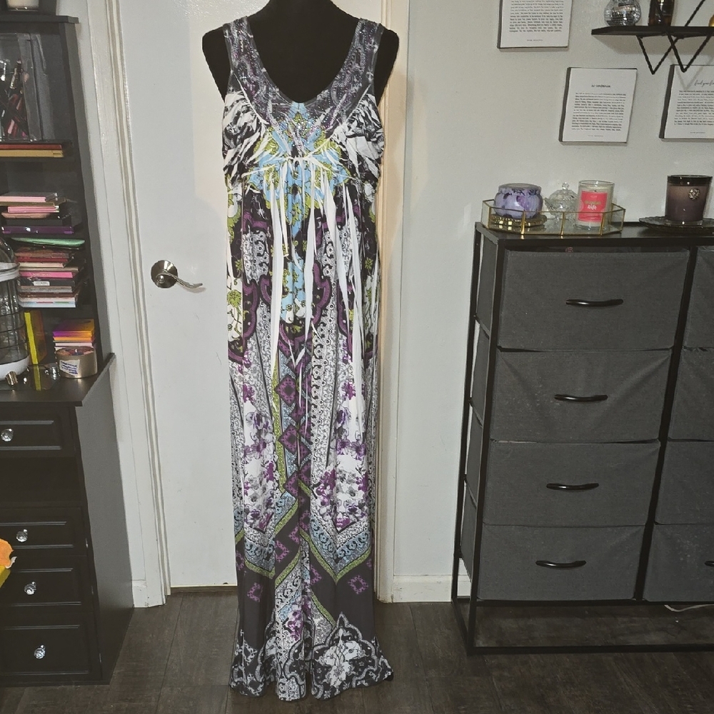 EUC Apt. 9 Multicolored Sleeveless Maxi Dress W/ Embellished Neckline Size XL